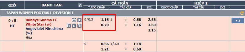 Ví dụ kèo chấp 0/0.5